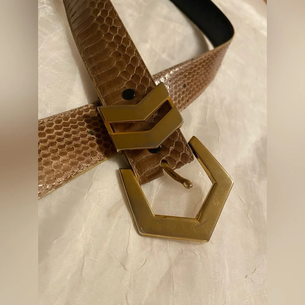 Vintage genuine snake skin arrow gold buckle belt L